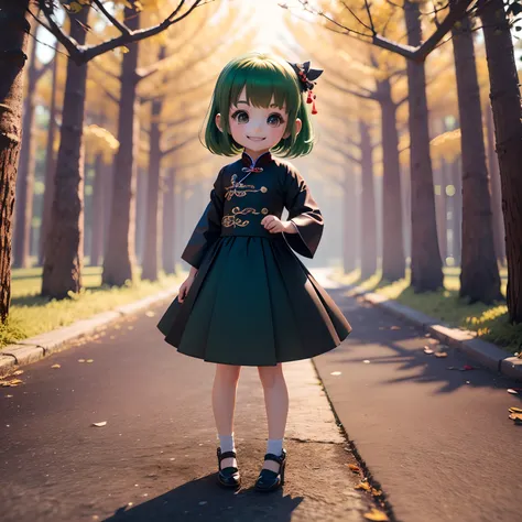 Cute Baby Chibi Anime、(((chibi 3d))) (Best Quality), (masutepiece)、Chibihime、Open your mouth and smile、a small face、petite body、Dark green hair color、(Bruce Chinoiseries:1.4)、Blue pin heel with ribbon、Standing、Fairytale autumn forest