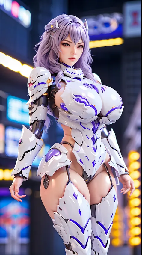 SILVER DRAGON QUEEN, WAVY HAIR, PURPLE EYE, HUGE BOOBS, MECHA HEAVY ARMOR, TRANSPARANT, STANDING, THICK BODY, MUSCLE ABS.