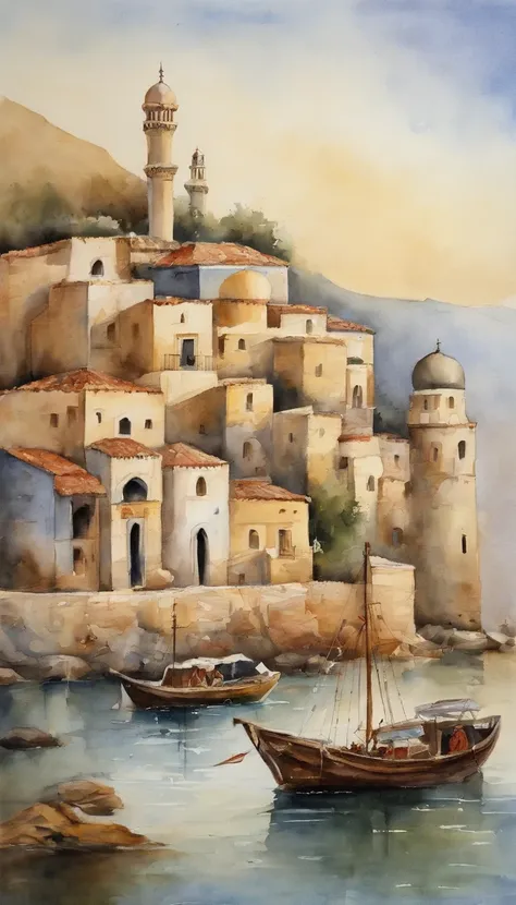 Algeia in middle age, view from the sea, port, mosque, la casbah, ship, masterpiece, 8k, oil painting realistic