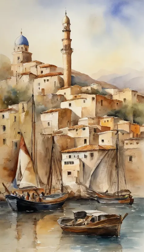 Algeia in middle age, view from the sea, port, mosque, la casbah, ship, masterpiece, 8k, oil painting realistic