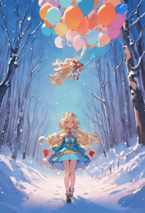 There is a girl who is standing in the snow with balloons, lots of trees, and the snow is on top of a tree, a beautiful artwork illustration, floresta nevada, stylized digital illustration, full-colour illustration, ccolorful beautiful illustration detaile...