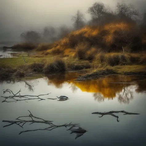 Three fish in a lake, varios peixes num lago antigo, peixes orientais, noite estrelada, Thick fog on the ground, Luz azul no horizonte, Motor Unreal 5, cinemactic, Low-angle photography, motion blur, profundidade de campo, dust, Cobblestones and dirt. Arte...