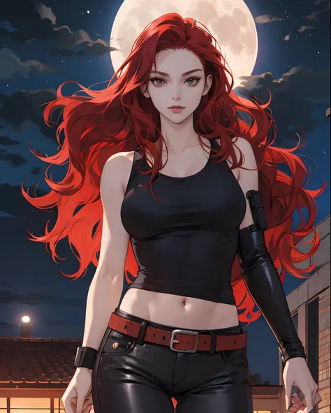 a cool，20th generation female，long red wavy hair，Leather Tight Pants，a belt，Navel Ejection，Tank Tops，glareing，With keen eyes，realistic illustration，On top of the building，nighttime scene，a moon