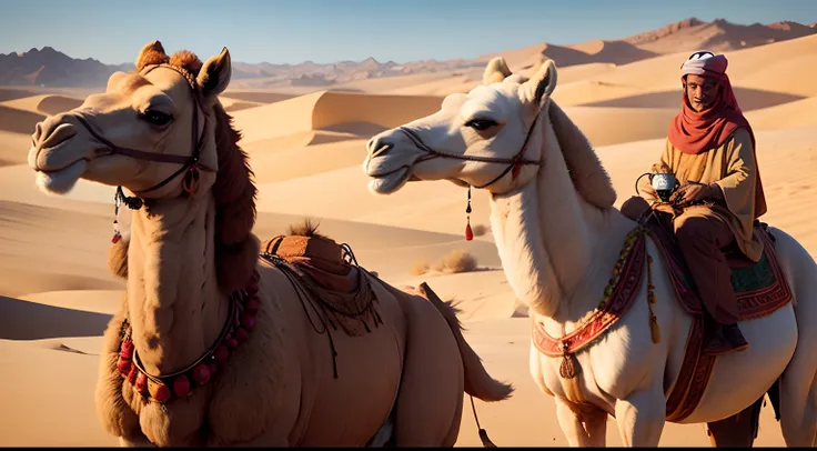 two camels in the arabian desert, an old camel, a young camel