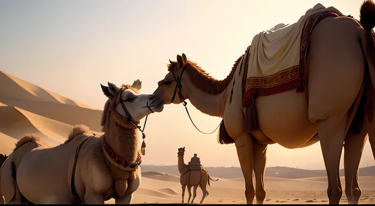 two camels in the arabian desert, an old camel, a young camel