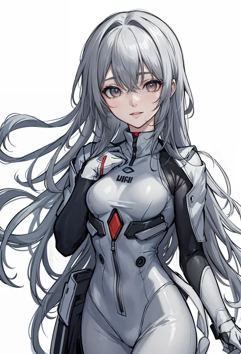 Best quality,Highly detailed,Masterpiece,Ultra-detailed,Solo,1girll,(White background:1.5),(Delicate eyes),1girll, Manteau, ayanami_Wang, tightsuit, White_tightsuit, Red_Eyes, Solo, Apocalypse_Background, Red_Background, pilot_suit, short_Hair, Blue_Hair, ...