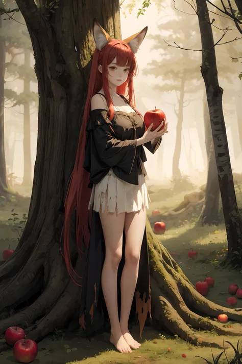 A hybrid girl with fox ears, long red hair with bangs, medieval attire, a fox tail, large shining yellow eyes, and tan skin. She is barefoot and wearing a tattered, torn ruffled skirt and an old, dirty blouse. In her hands, she holds a red apple. The scene...