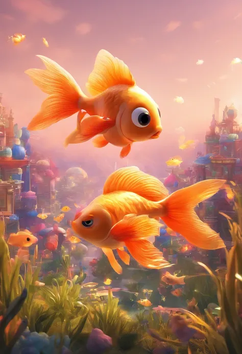 Stars shine，Colorful，Huge goldfish float over the city，Huge tail，Cute and cute，KIDS ILLUSTRATION，Glow effects，Dingdall effect，depth of fields，high light，Real light，Ray traching，oc rendered，Hyper-realistic，best qualtiy，8K，Works of masters，super-fine，Detaile...