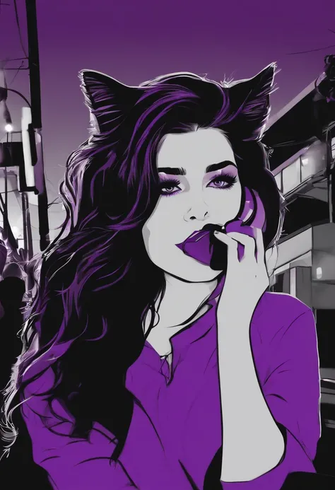 Fundo roxo com uma silhueta de uma mulher segurando um telefone celular, linda, filtro roxo, Mulher do gato, darkwave goth aesthetic, tons roxos escuros, girl screamin yolo - aesthetic, gato preto tirando uma selfie, silhueta de uma menina e seu gato, as p...