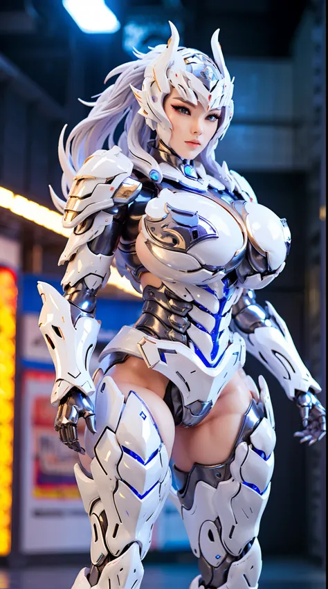 SILVER DRAGON QUEEN, HUGE BOOBS, MECHA HEAVY ARMOR, TRANSPARANT, STANDING, THICK BODY, MUSCLE ABS.