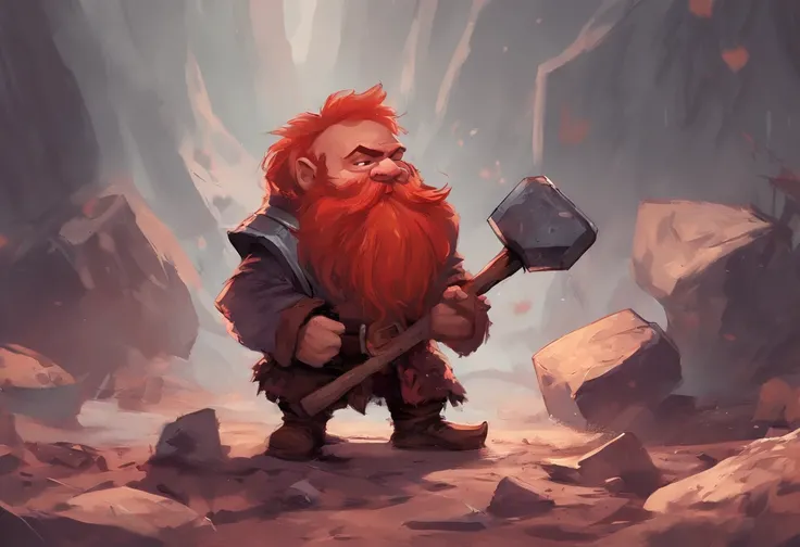 A sticker of a dwarf, red hair, nose piercing, holding a hammer , spitting on the ground,