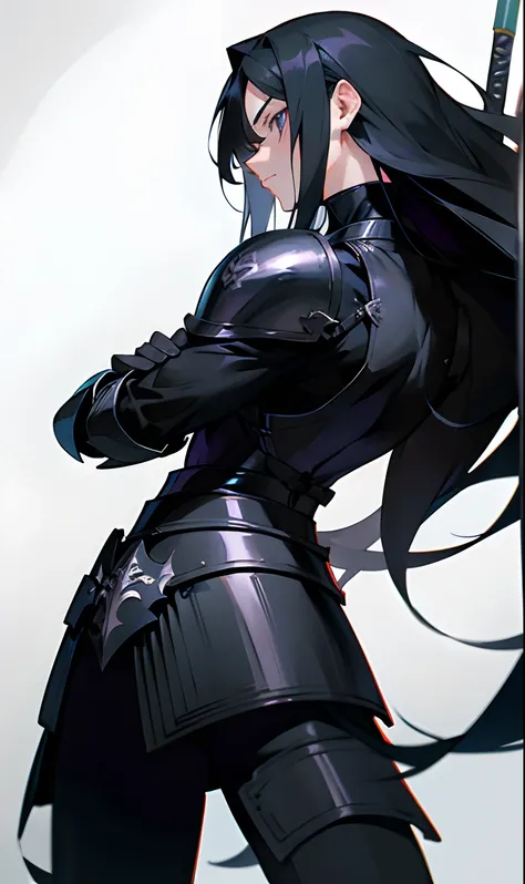 Anime, garoto de 20 anos,average body and musculature too,long black hair down to the back,wearing a black paladin-up armor up to his neck, holding a white spear