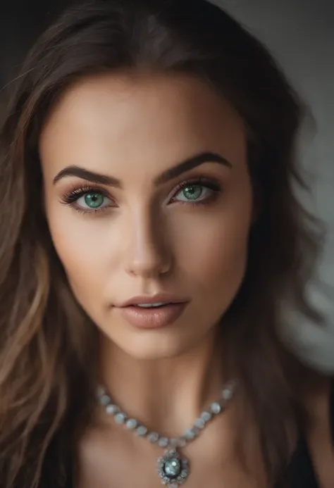 Arafed woman with a white tank top and necklace, fille sexy aux yeux verts, Portrait Sophie Mudd, cheveux bruns et grands yeux, selfie of a young woman, Yeux de chambre, Violet Myers, sans maquillage, maquillage naturel, looking straight at camera, Visage ...