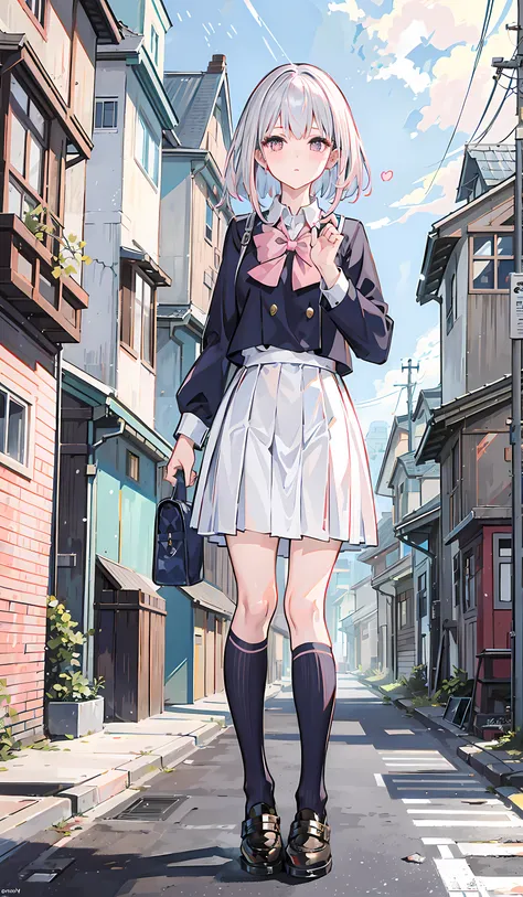 the city street，feater，The girl wears a school uniform，Stand in the city square，poss，Delicate facial features，Beautiful looks，Pink lips，Silvery hair，Contre-Jour，scribble art，outside，Dilapidated house，Cracked streets