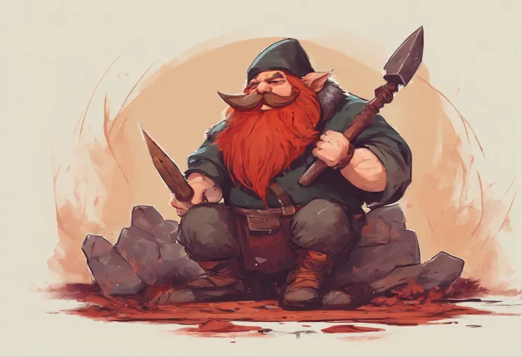 A sticker of a dwarf, red hair, nose piercing, holding a hammer , spitting on the ground,