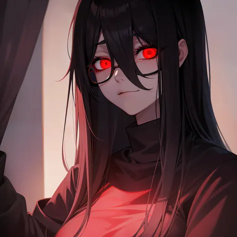 painting of a woman with a black top and red glasses, shadowy and eerie character, eerie art style, with black eyes, with red glowing eyes, with glowing red eyes, eerie and grim art style, with haunted eyes and dark hair, inspired by Junji Ito, haunted and...