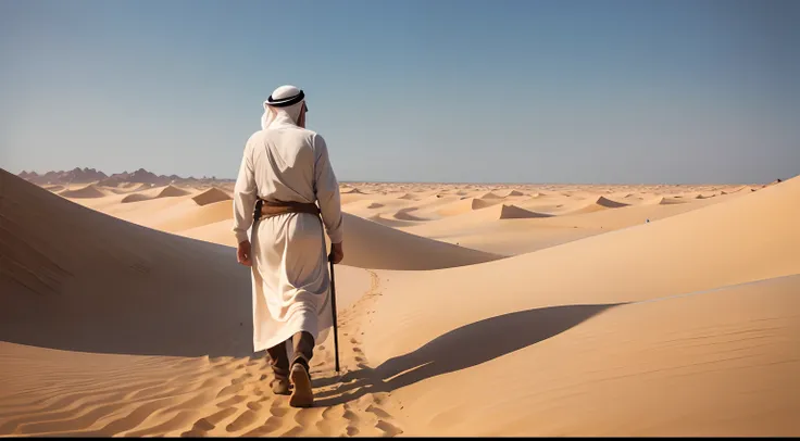 In an ancient time, a weak and elderly man, walking in the Arabian desert, alone