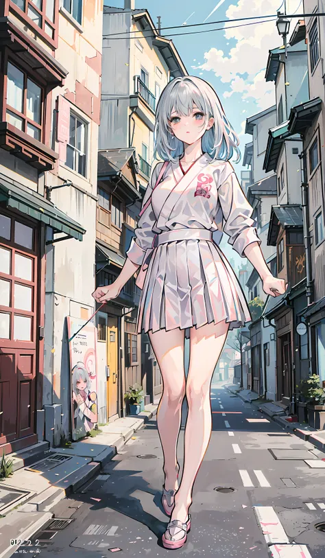 the city street，feater，Girls wearing school uniforms，Stand in the city square，Location，Delicate facial features，Beautiful looks，Pink lips，Silvery hair，Contre-Jour，scribble art，outside，Dilapidated house，Cracked streets，((karate：1.2))