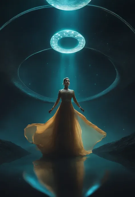 Photo, Portrait, Intimidating floating woman [a discovery of a wormhole leads to new worlds|a cursed prince must marry a monster], [scifi:Fantasy:0.6] Cinematic lighting