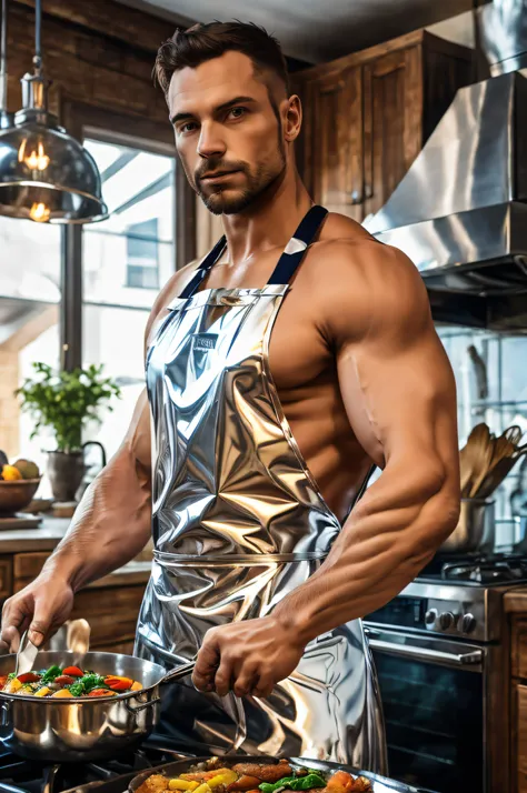 man cooking in chrome apron