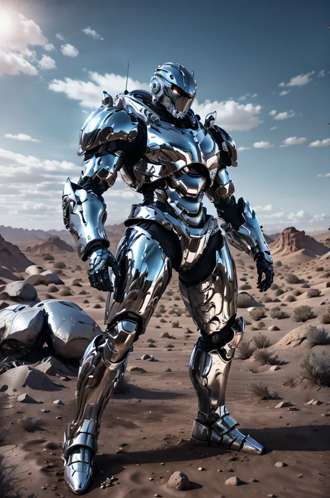 chrome cyber robot in the desert wastelands