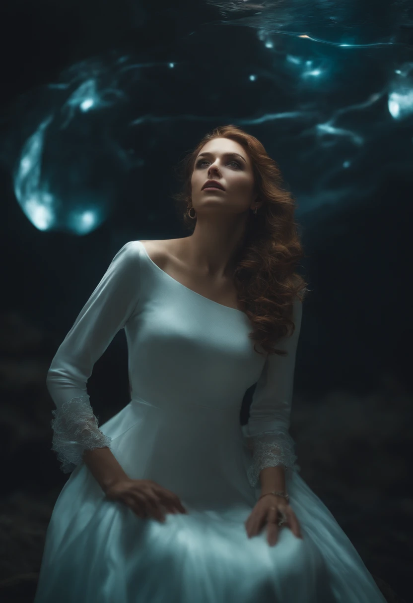 Photo, Portrait, Intimidating floating woman [a discovery of a wormhole leads to new worlds|a cursed prince must marry a monster], [scifi:Fantasy:0.6] Cinematic lighting