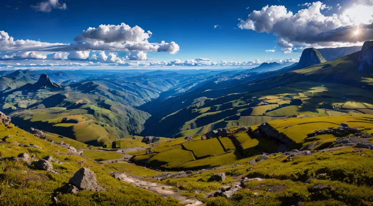 Ultra realistic photography of a stunning view of the Serra da Mantiqueira plateau in Brazil. Cinematic, photo shoot, shot with 25mm lens, depth of field, DOF, tilt blur, shutter speed 1/1000, f/22, white balance, 32k, super resolution, megapixel, Pro Phot...