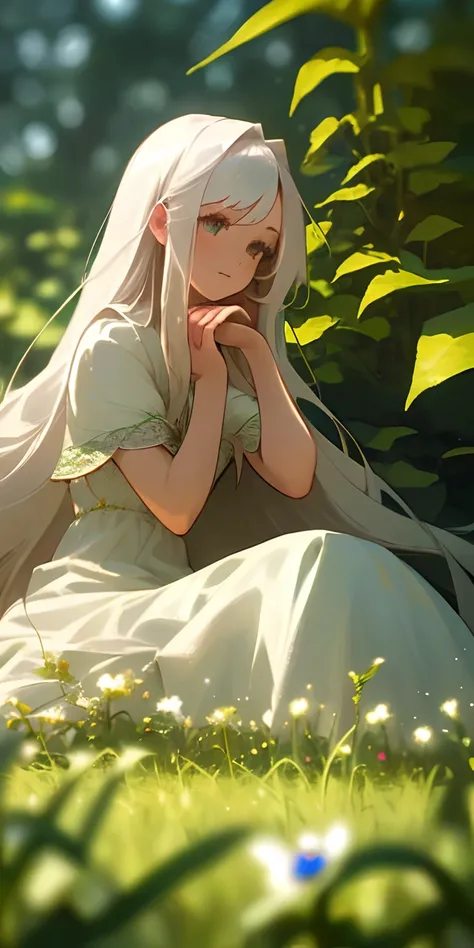 (masterpiece, best quality),1girl with long white hair sitting in a field of green plants and flowers, her hand under her chin, warm lighting, white dress, blurry foreground