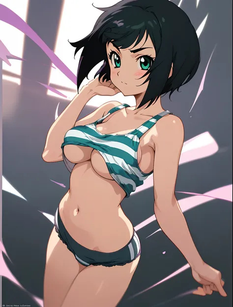 Glint boob anime girl black short hair showing stripe underwear