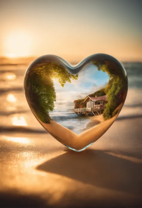 Double exposure of a glass heart on the beta ra of a surfboard,  immersed in a soft and romantic atmosphere.  Use the double exposure technique to create a vivid, dynamic picture.  Inside the glass heart, Visualize a beautiful summer landscape with a pictu...