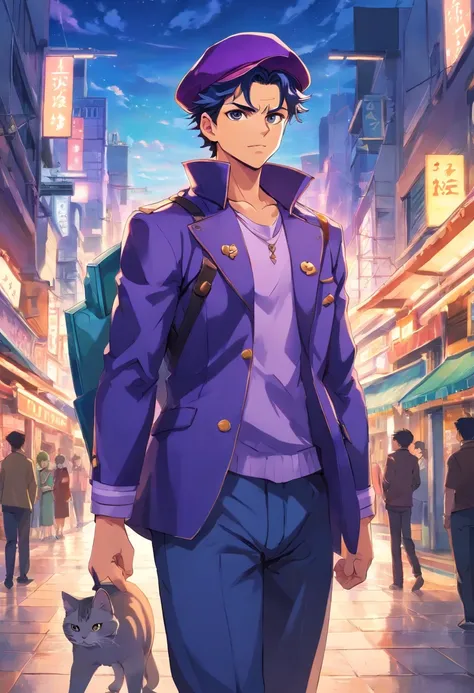 Anime boy with a purple hat and a cat on his shoulder, inspirado por Okumura Masanobu, inspirado por Okumura Togyu, inspirado por Ryuzaburo Umehara, inspirado por Unichi Hiratsuka, Yukio - E, Kazuto Okata., estilo anime", Jotaro Kujo, inspirado por Kamisak...