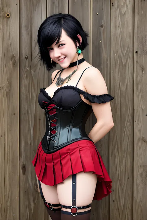 (Masterpiece, Best Quality:1.2), Cowboy shot, age regression, short, 1girl,black colored hair,short hair, smile, closed mouth, looking a viewer,black shirt,corset,long black pleated skirt, pantyhose,red cloak, Jewelry, necklace, earrings, small-breasts, sl...