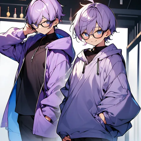 boy, ((male)), light purple hair, short body, standing, smile, wearing glasses, wearing oversize black hoodie