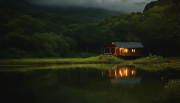 tempestade na floresta com muita neblina, uma cabine com janelas e portas iluminadas pela luz, respingos de chuva no telhado molhado, Wet vegetation, a pond in front of the hut, Realistic, High Definition Cinematic Image