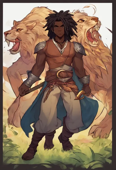 dark skin teenage man, handsome, thick black dreadlock hair, brown eyes, slender, strong, spearman, handsome, anime, lion ears and tail, demon slayer artstyle