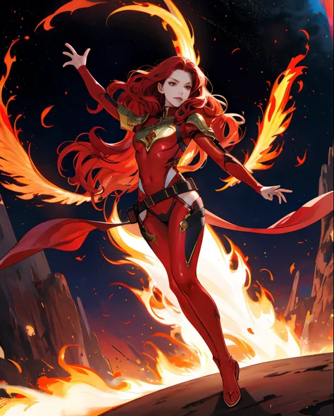 a cool，20th generation female，long red wavy hair，Red leather，body suit，ornamented，a belt，breastsout，glareing，With keen eyes，realistic illustration，loimu，Big Flaming Wings，Cover the sky，Fantastic decoration，full body Esbian，Its like dancing in space，（Effect...