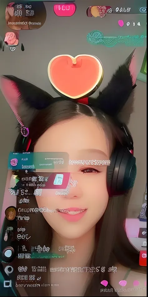 Woman wearing headphones and a pair of cat ears with a heart on her forehead, tiktok video, Streamer do Twitch, VRCabord, low quality video, Pokimane, TikTok, menina com orelhas de gato em uma rave, foto de perfil do discord, menina com orelhas de gato, qu...