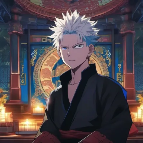 Prompt: (obra-prima, illustration, anime:1.3), Satoru Gojo de Jujutsu Kaisen, (classic black costume:1.2), Standing inside a temple at night, (white messy hair:1.1), (olhos azuis emitindo luz azul:1.2), (calm expression:1.1), (olhos descobertos:1.1), (powe...