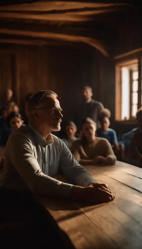 A moving scene of a teacher sharing deep reflection in a wooden room, with a diverse group of listeners sitting in a circle around you, Absorb every word with intense concentration,, Tonos de azul y madera para resaltar el medio ambiente