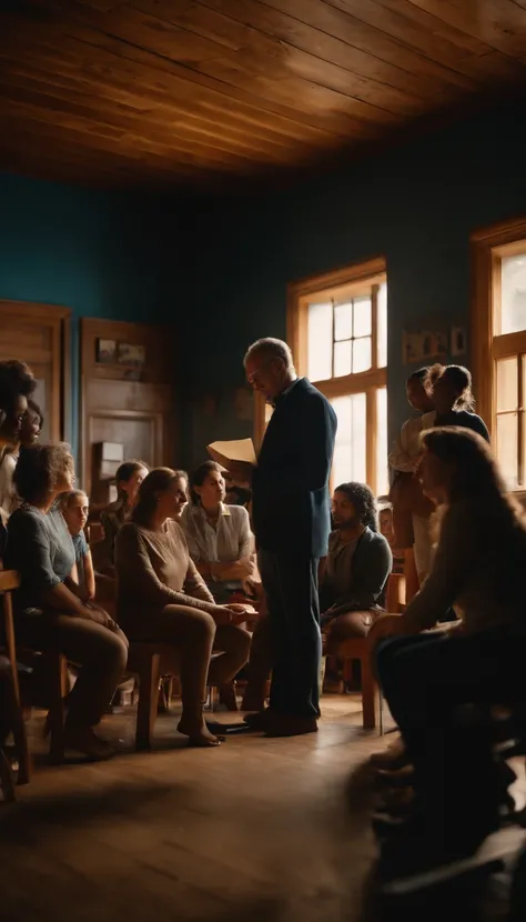 A moving scene of a teacher sharing deep reflection in a wooden room, with a diverse group of listeners sitting in a circle around you, Absorb every word with intense concentration,, Tonos de azul y madera para resaltar el medio ambiente