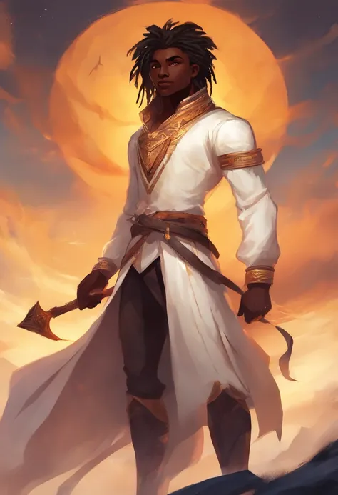 dark skin teenage man, handsome, thick black dreadlock hair, brown eyes, slender, strong, spearman, handsome, anime, hybrid, lion ears and tail, white dress shirt, black pants