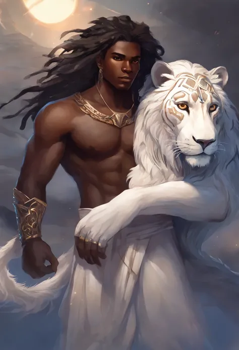 dark skin teenage man, handsome, thick black dreadlock hair, brown eyes, slender, strong, spearman, handsome, anime, hybrid, lion ears and tail, white dress shirt, black pants