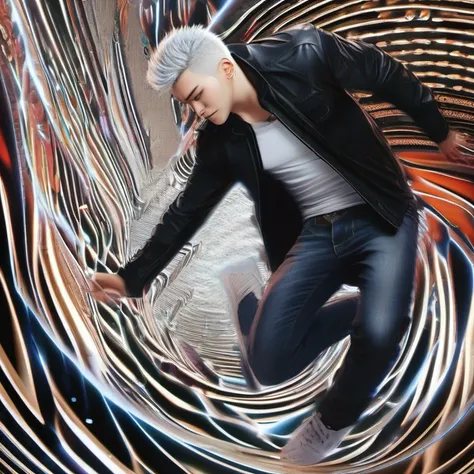 (absurdres, highres, ultra detailed, HDR), masterpiece, best quality, 1man, solo, handsome, short hair, inumaki toge, facial tattoo, white hair, black jacket, jeans, closed mouth, swirl, vortex