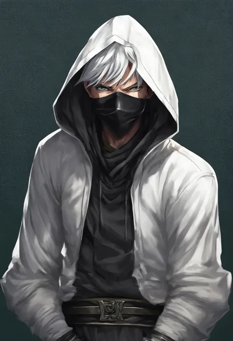 Anime Ninja boy with black hood and black mask with white hair and green eyes