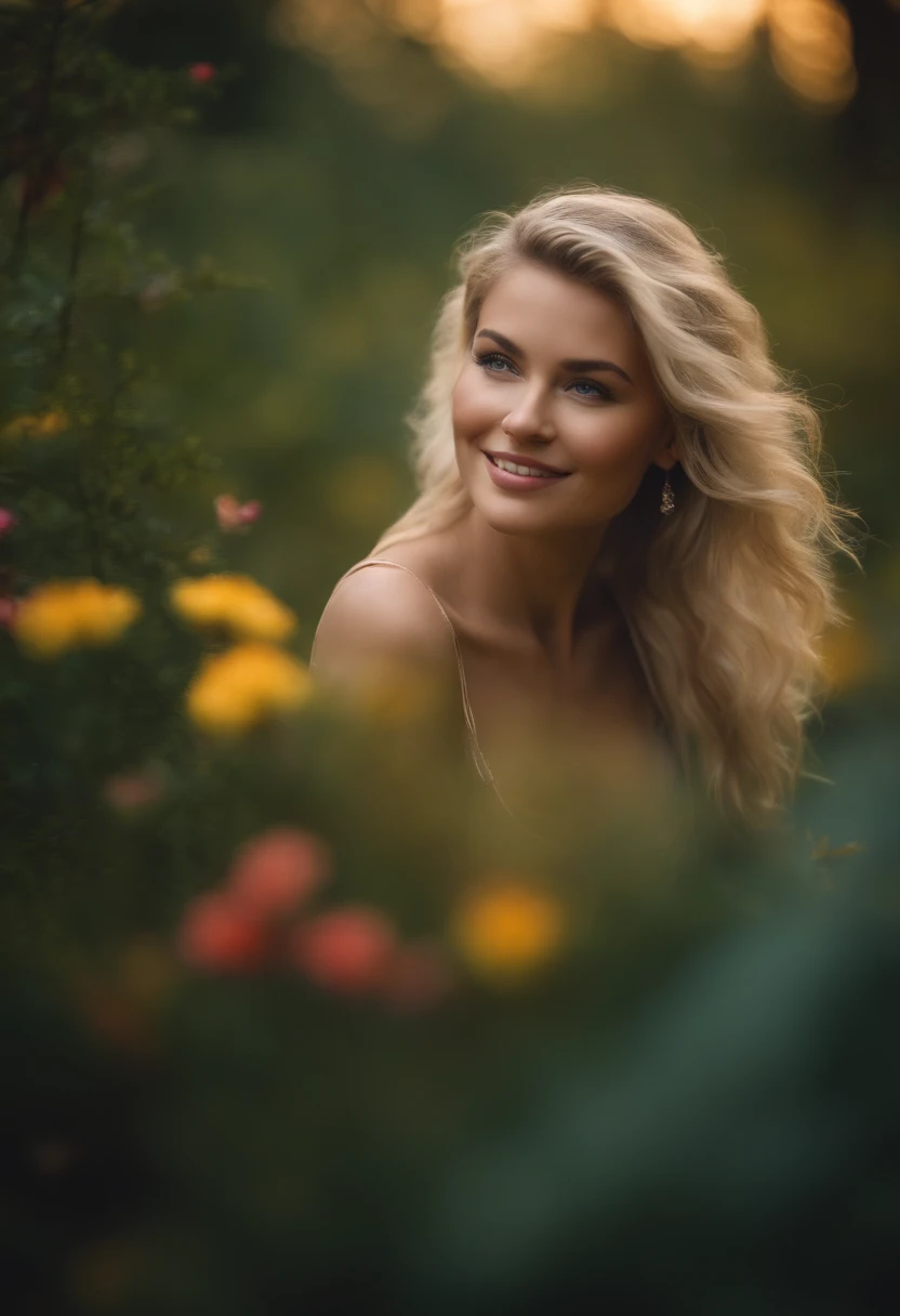 (best quality,4k,highres),vivid colors,gorgeous,ethereal,enchanted,colorful,blonde woman,forest,glowy flowers,serene,peaceful atmosphere,pure,aesthetic,soft lighting,bokeh,captivating expression,subtle smile,detailed face,dreamy,impressionistic,artistic,wh...