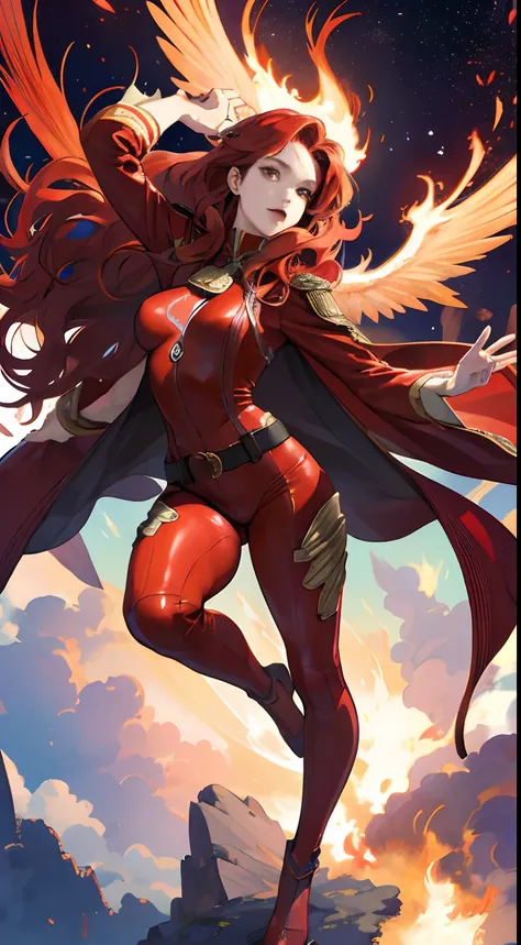 a cool，20th generation female，long red wavy hair，Red leather，body suit，ornamented，a belt，breastsout，glareing，With keen eyes，realistic illustration，loimu，Big Flaming Wings，Cover the sky，Fantastic decoration，full body Esbian，look up sky，Reach for the sky，Its...