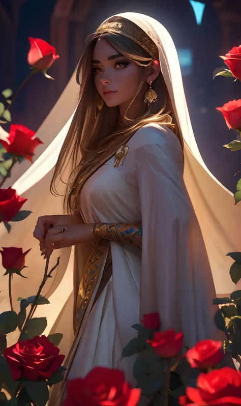 beautiful caucasian rose priestess, in a field of roses under a moon light, masterpiece, high detailed face, global illumination...