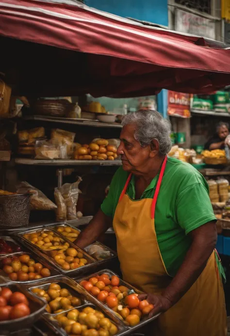 Retrato de um pai trabalhando, vendendo lanche, enfrente a um mercado, near a pharmacy with several customers