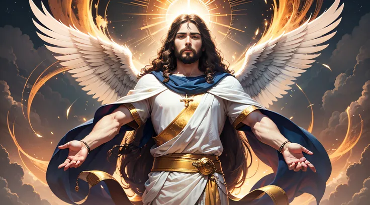 "Create an image prompt depicting Jesus levitating amidst the clouds, surrounded by an aura of power. He is adorned in radiant white garments, and his feet gleam with brilliant gold. His face radiates the light of the sun, and his eyes shine like the suns ...