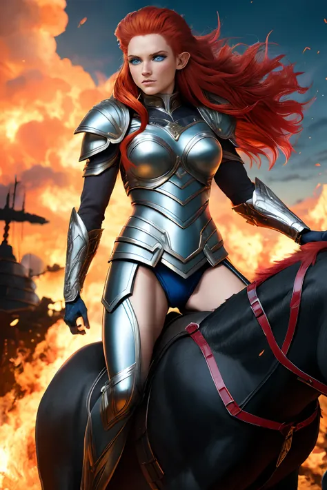 Elf, a woman wearing armor, riding into battle on a gaint panther, dynamic style,(extremely detailed 8k wallpaper), masterpiece, best quality, ((intricate detail)), absurdres, (((red hair))), ((blue eyes)), ((perfect face)), muscular thighs, muscular arms,...